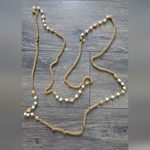 Long heavy Jcrew  gold chain pearl crystal statement necklace (3 tiered) - Picture 9 of 9